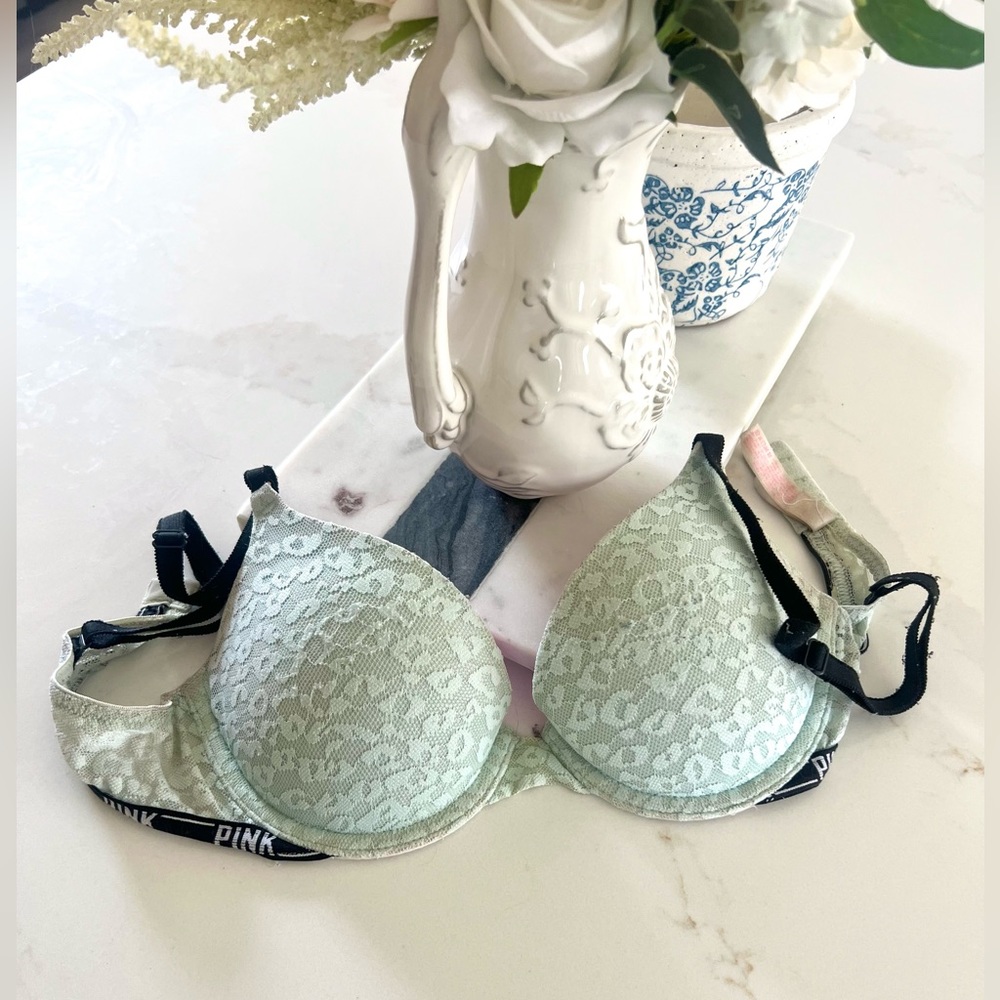 Victoria’s Secret “PINK” Seafoam Green Push-Up Lace Cheetah Print Bra - Size 32C